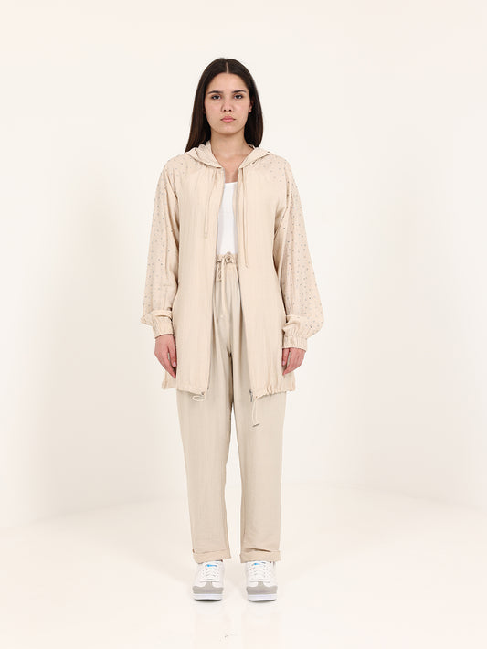 Beige Hooded Set with Stoned Sleeves