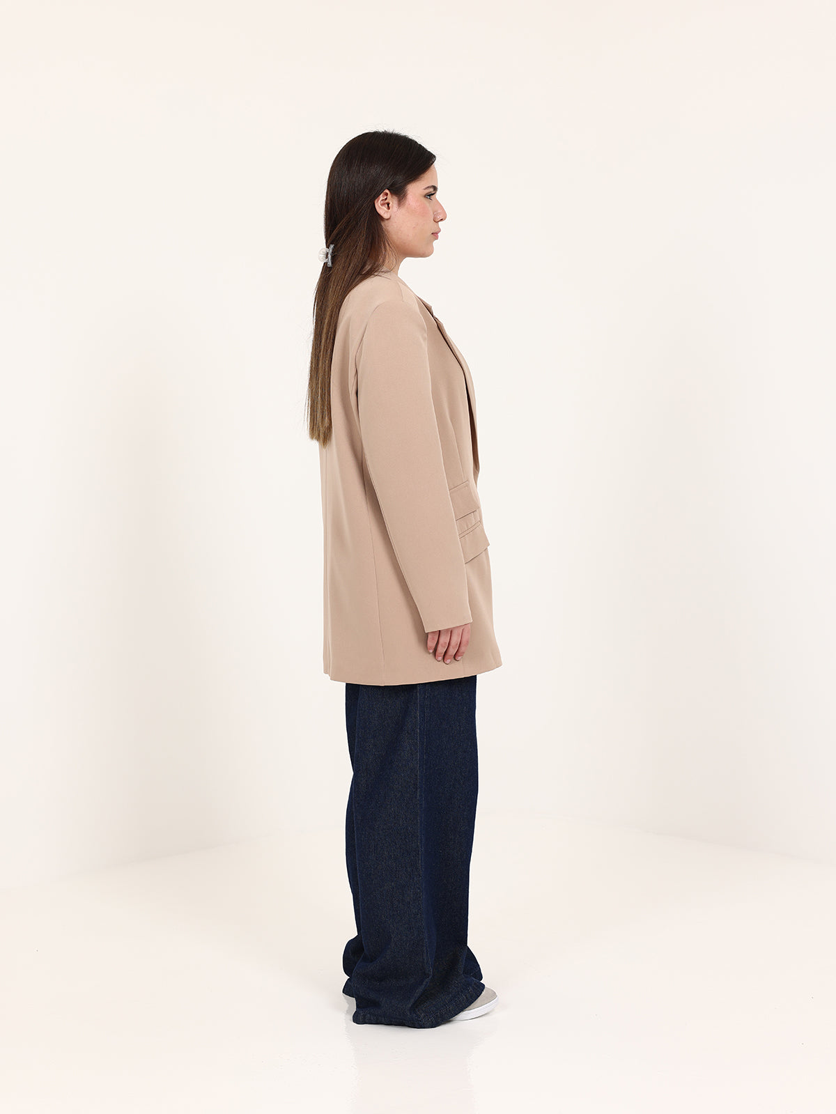 Beige Left Pockets Oversized Blazer