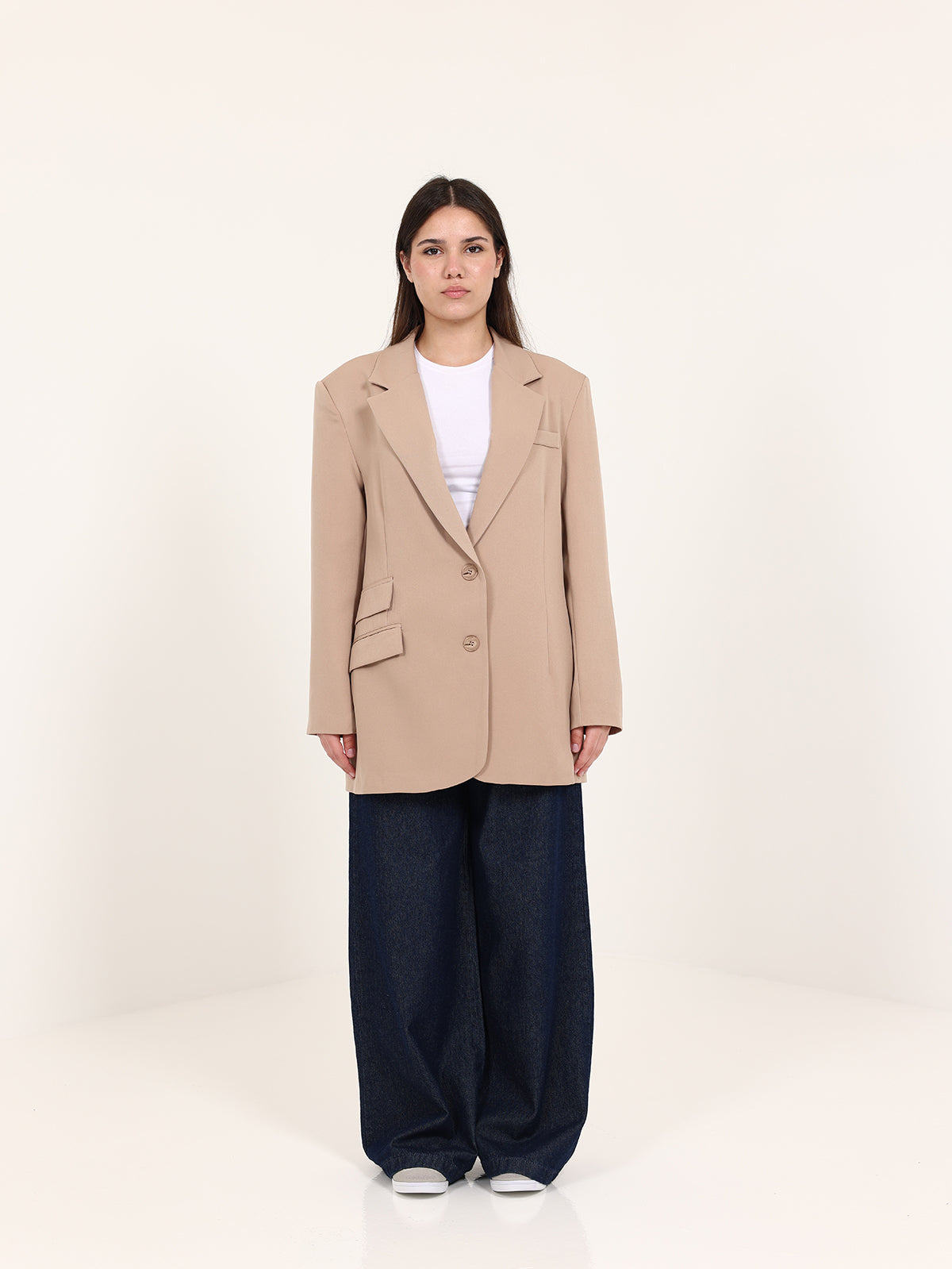 Beige Left Pockets Oversized Blazer