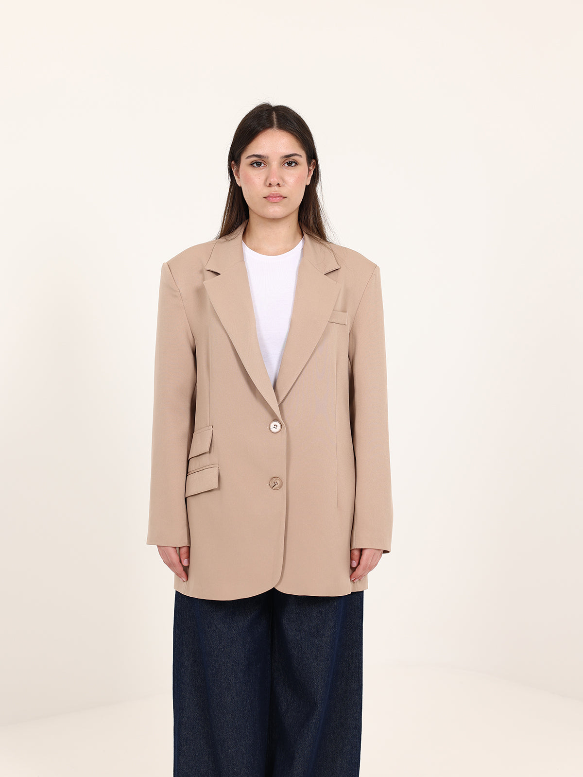 Beige Left Pockets Oversized Blazer
