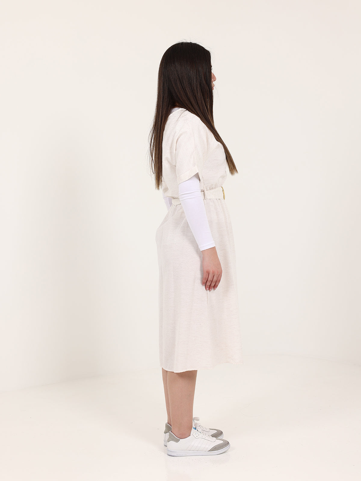 Beige Linen Belted Button Mini Dress