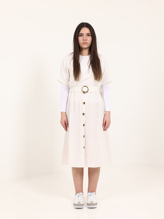 Beige Linen Belted Button Mini Dress