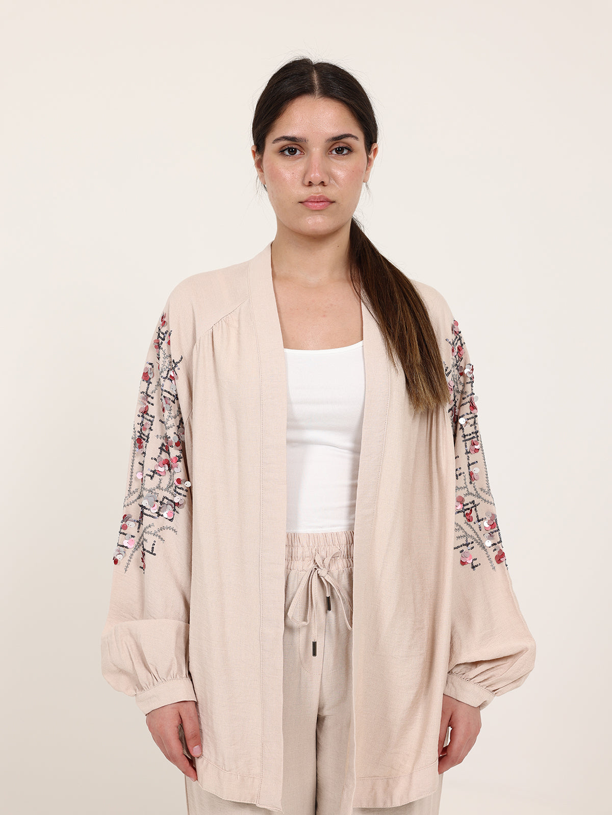 Beige Linen Embroidered Set