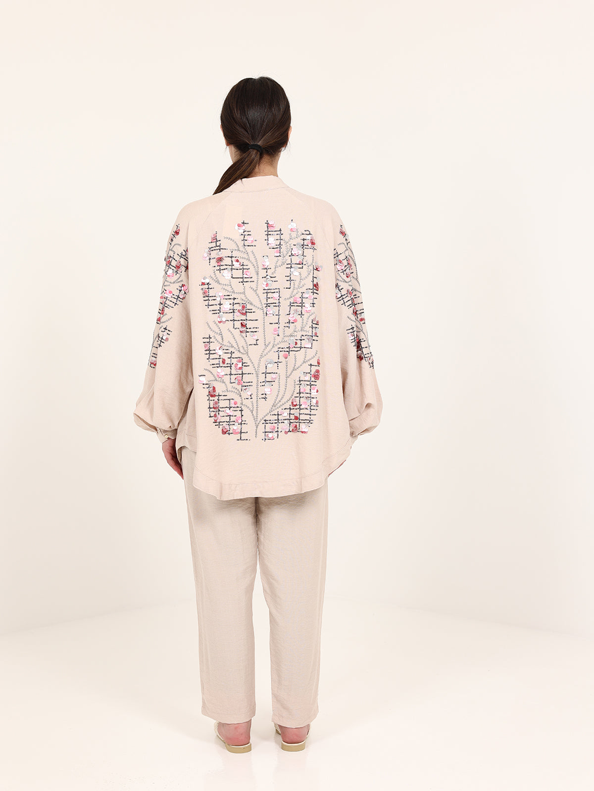 Beige Linen Embroidered Set