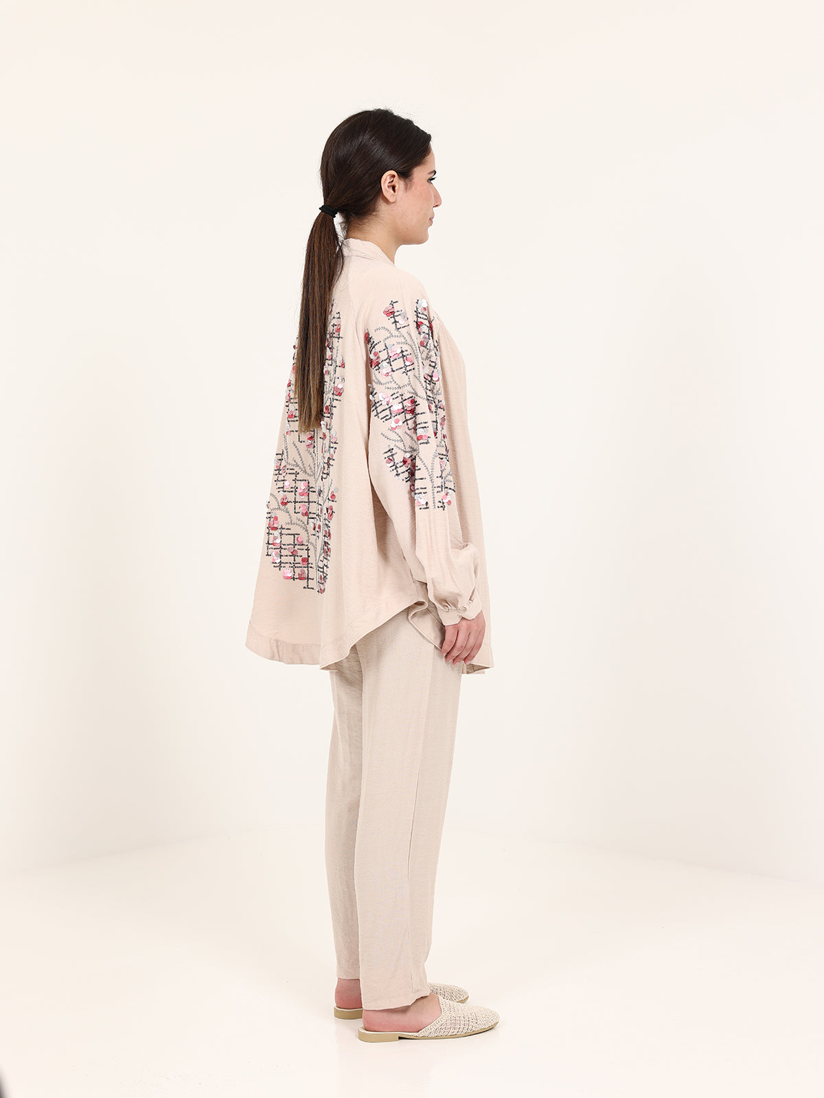Beige Linen Embroidered Set