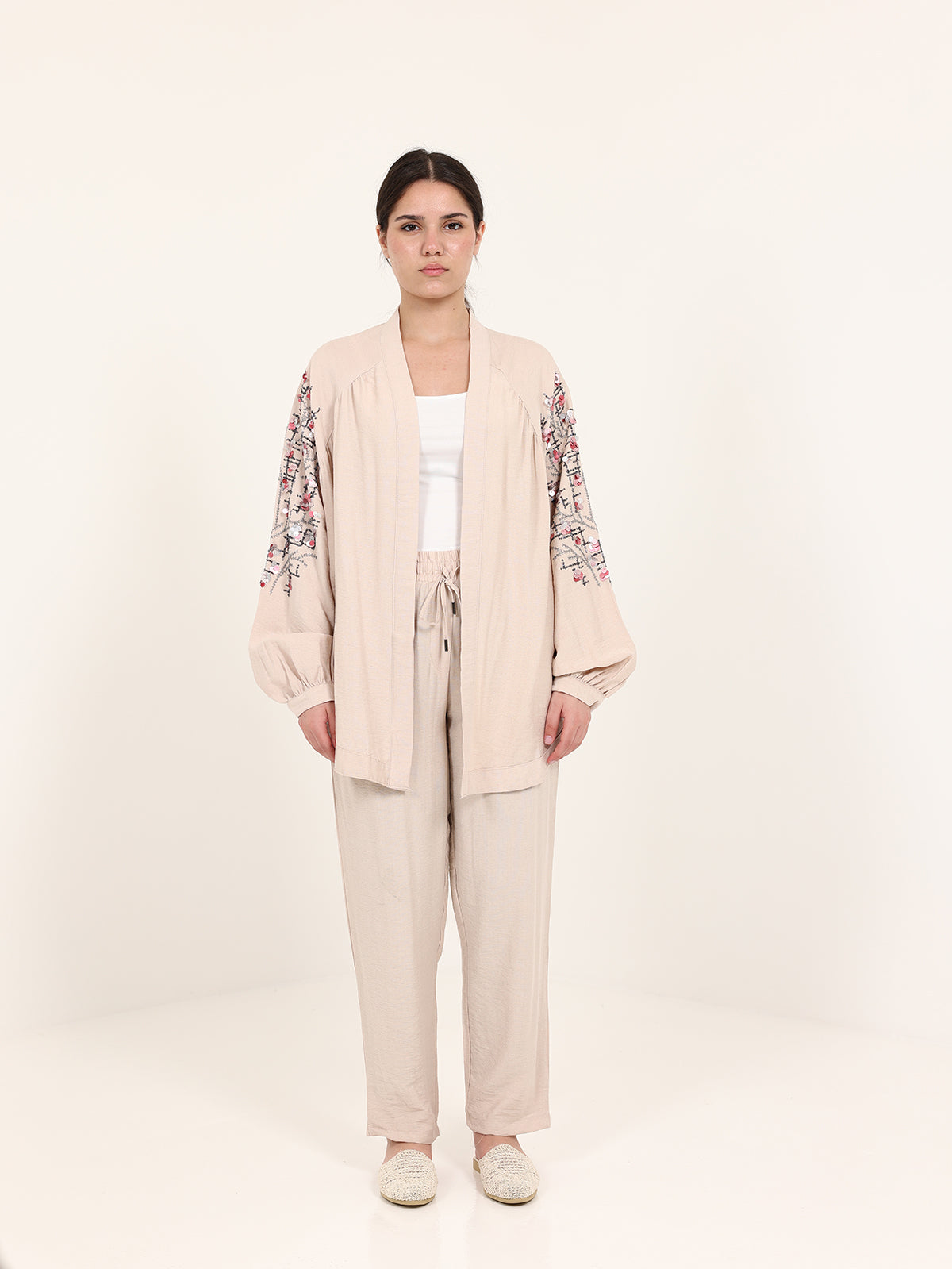 Beige Linen Embroidered Set