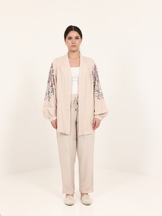 Beige Linen Embroidered Set