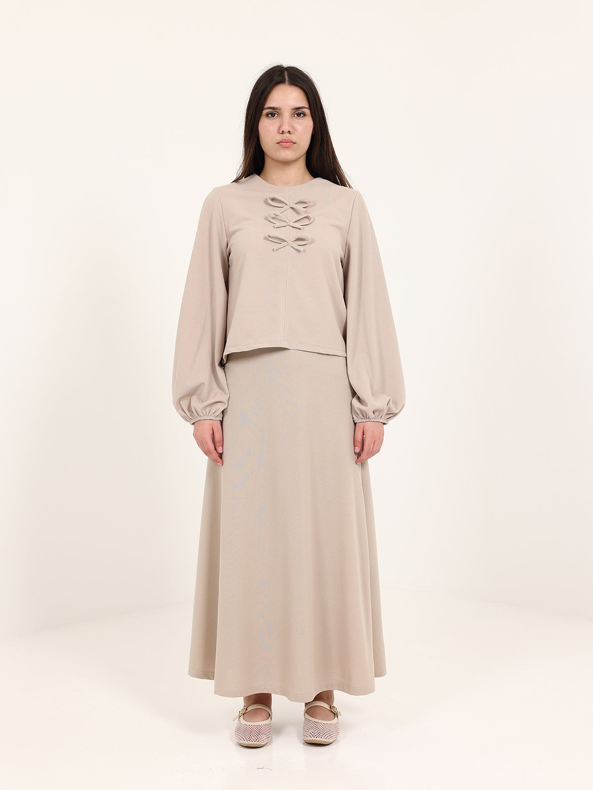 Beige Ribbons Crepe Set