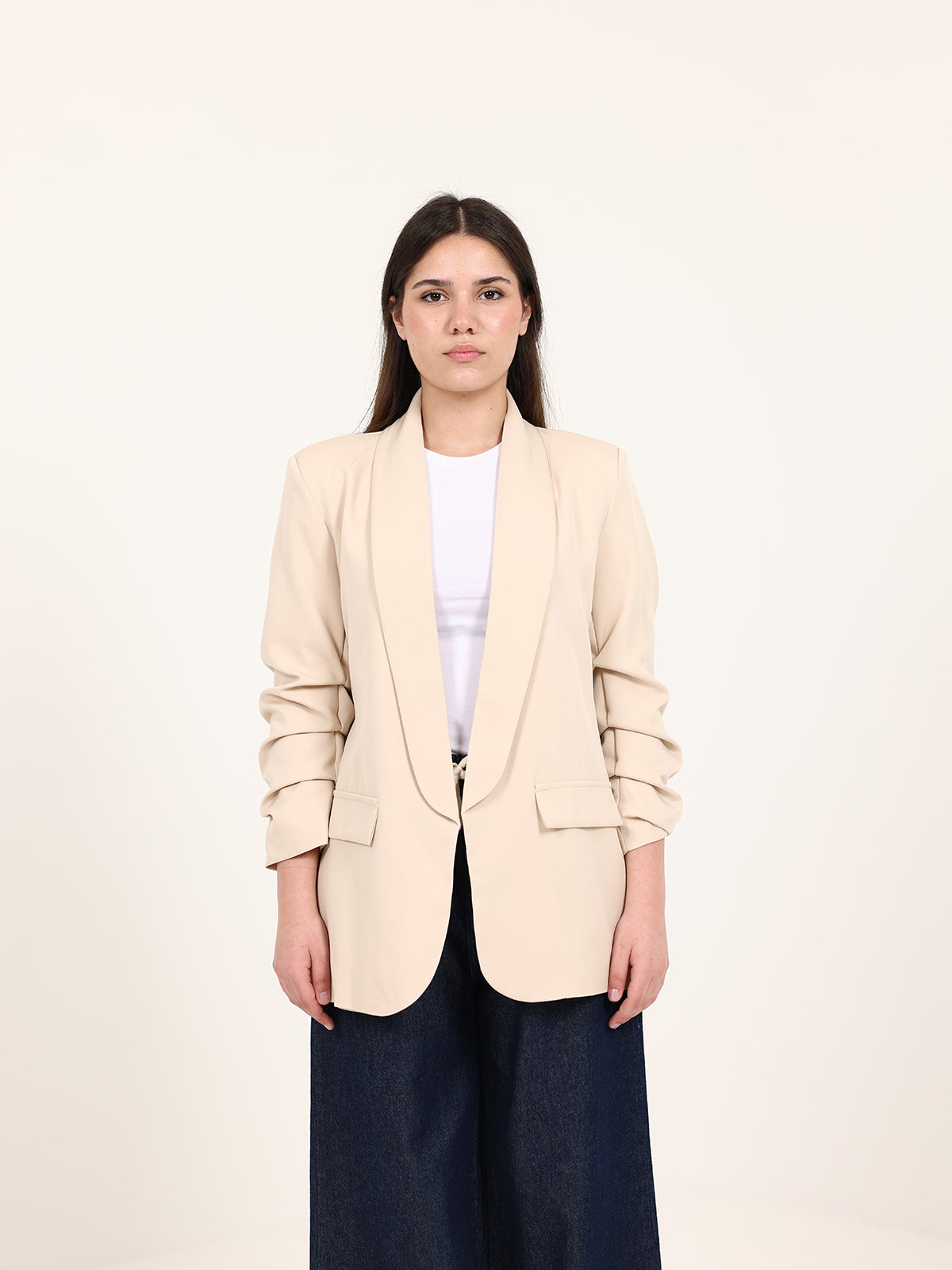 Beige Rushed Sleeves Blazer