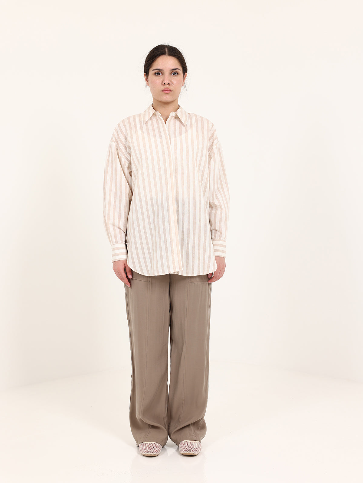 Beige Striped Shirt Set