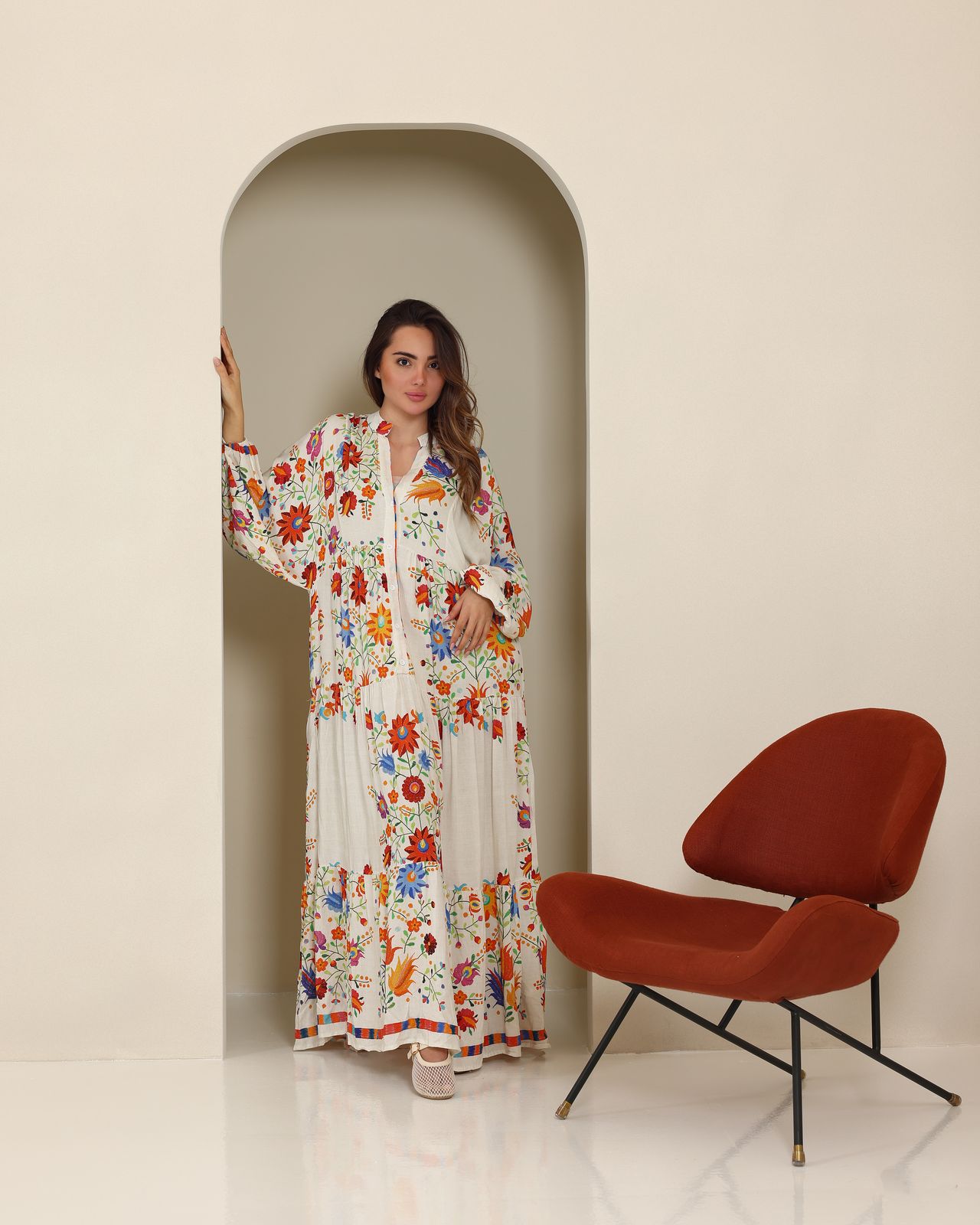 Beige Viscose-Based Floral Dress