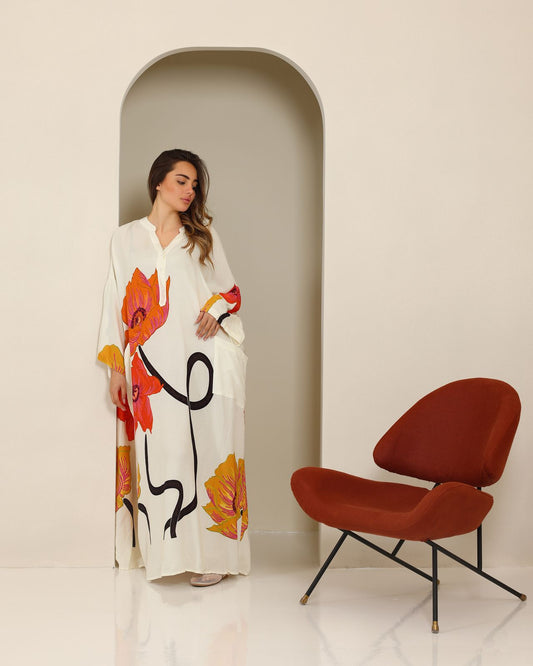 Beige Viscose Abstract Floral Print Dress