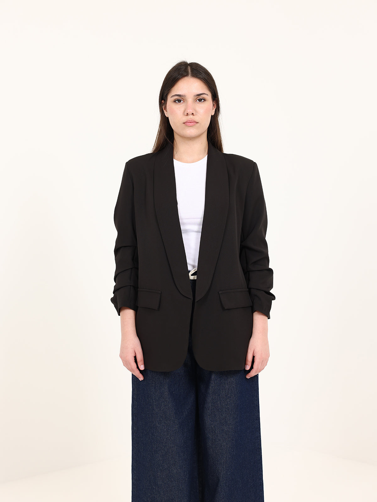 Black Rushed Sleeves Blazer