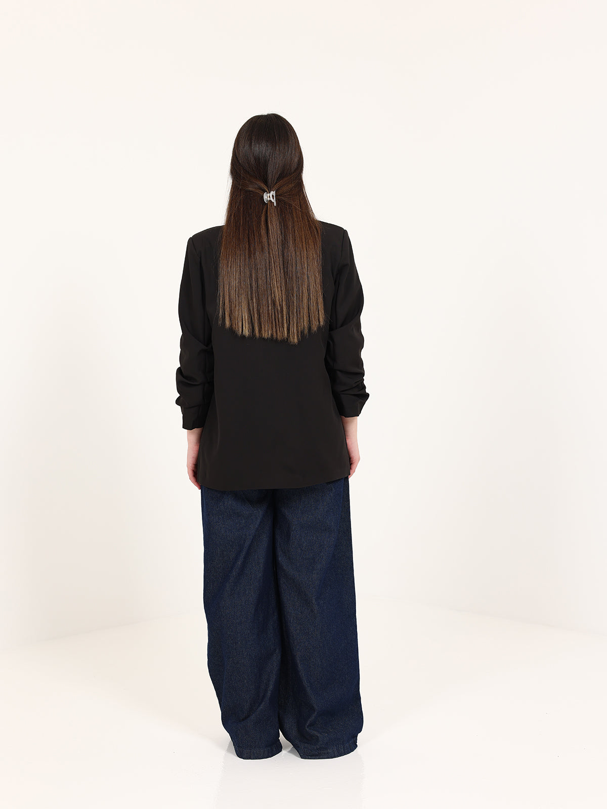 Black Rushed Sleeves Blazer