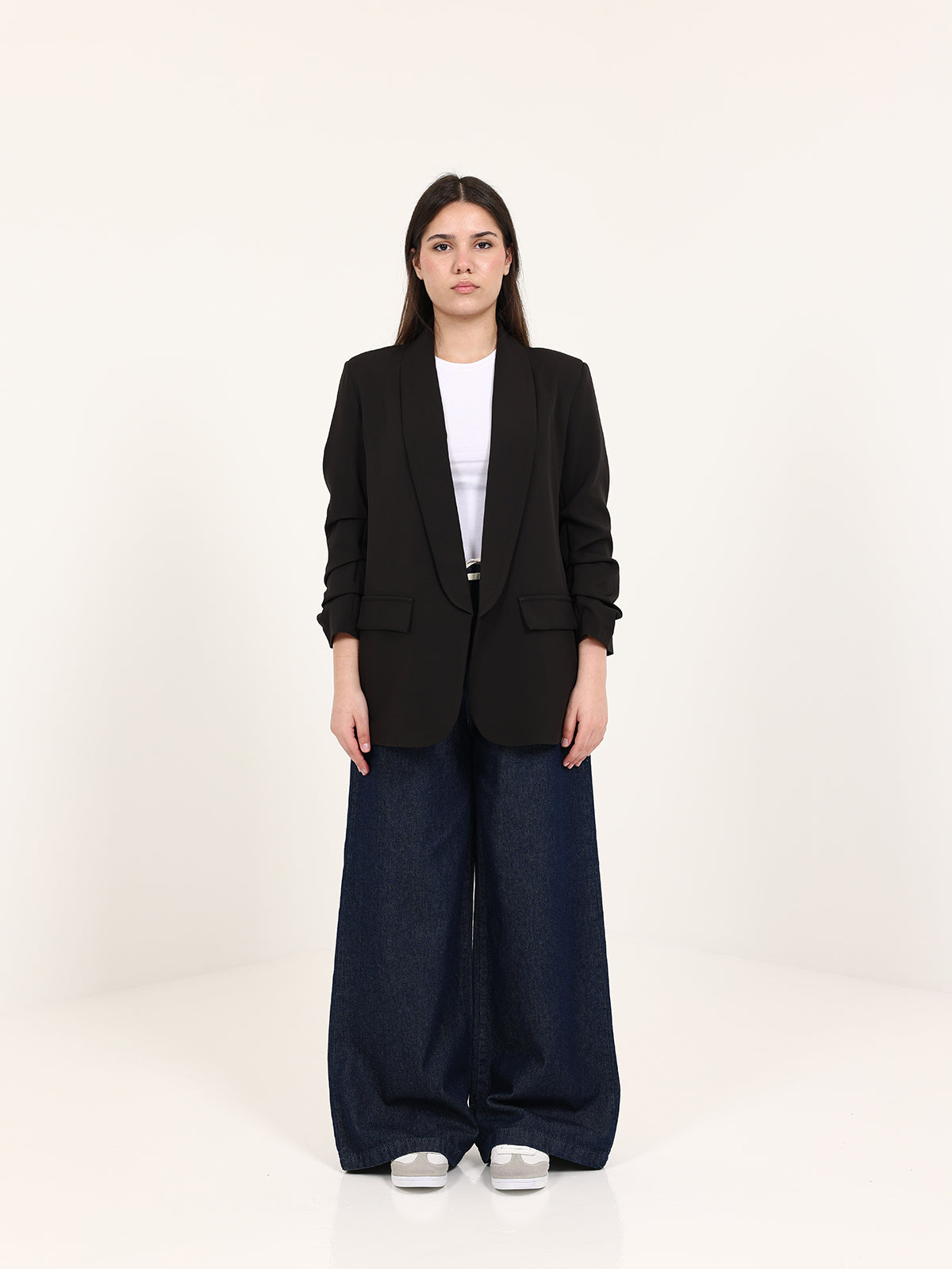 Black Rushed Sleeves Blazer