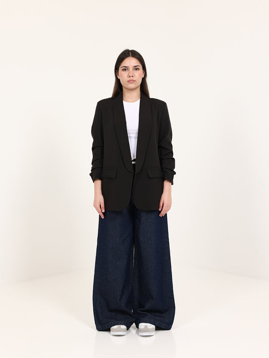 Black Rushed Sleeves Blazer