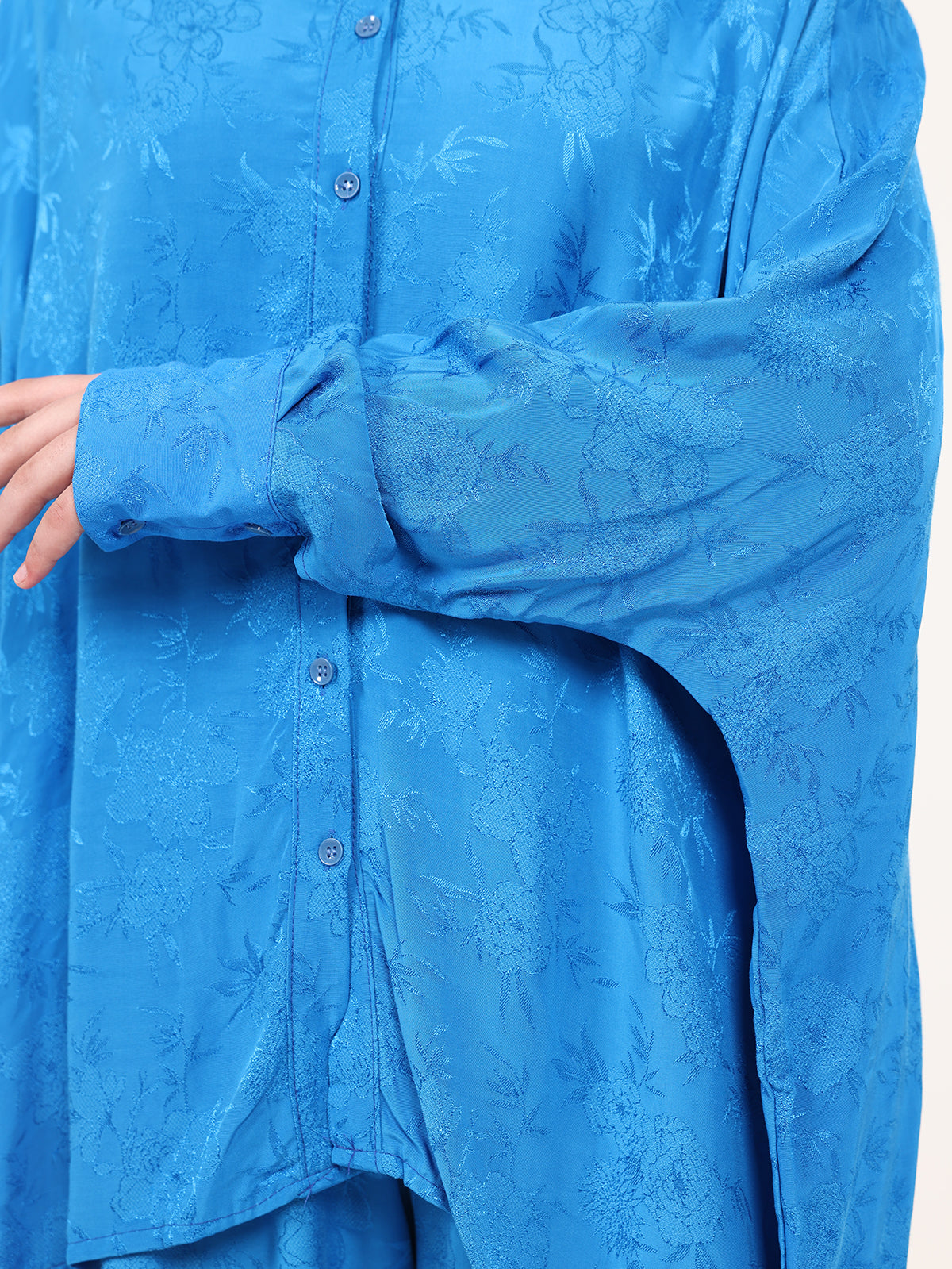 Blue Floral Jacquard Chinese Collar Top