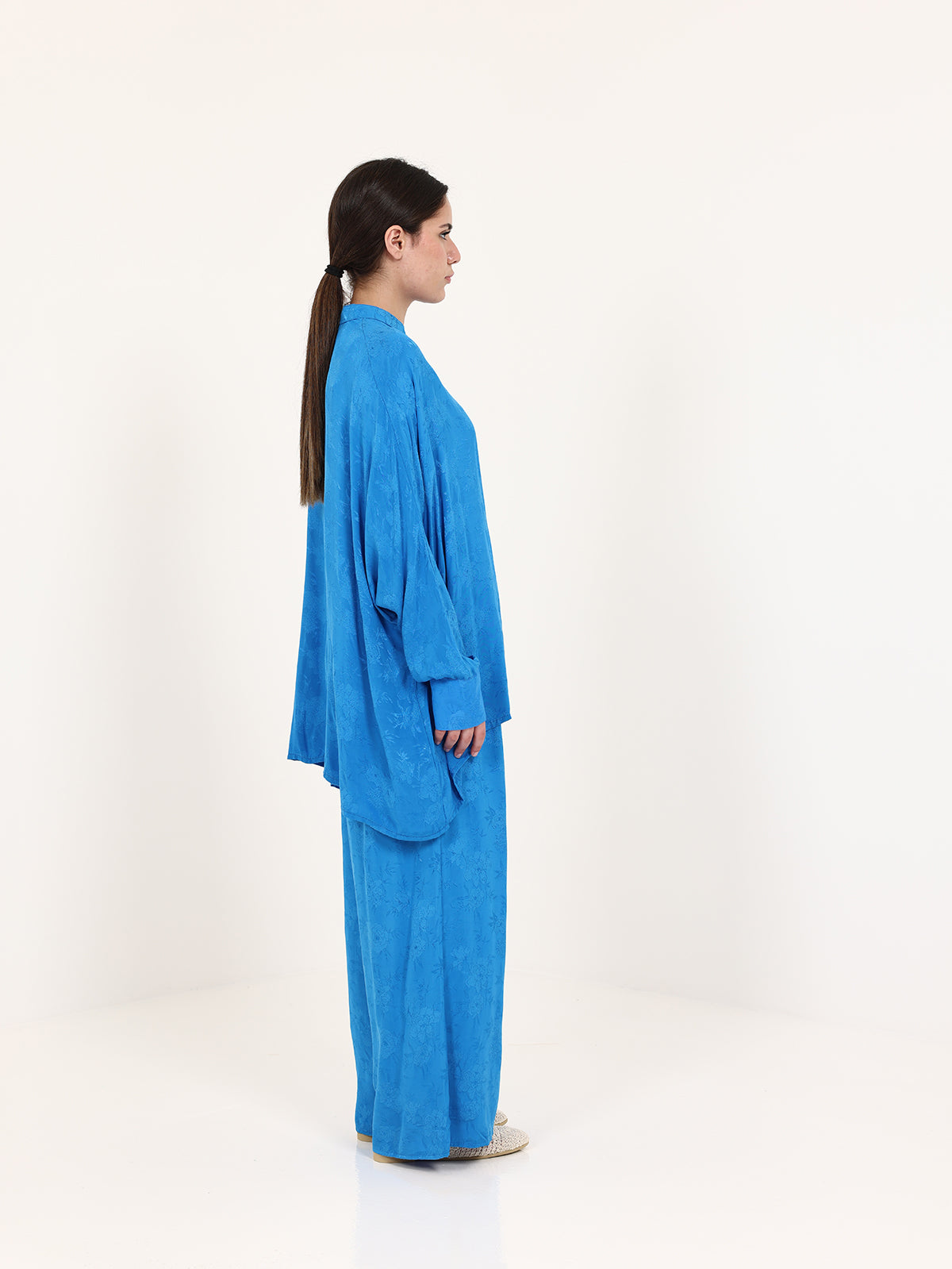 Blue Floral Jacquard Chinese Collar Top