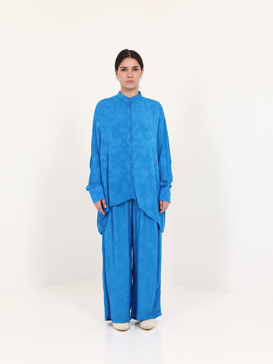 Blue Floral Jacquard Chinese Collar Top
