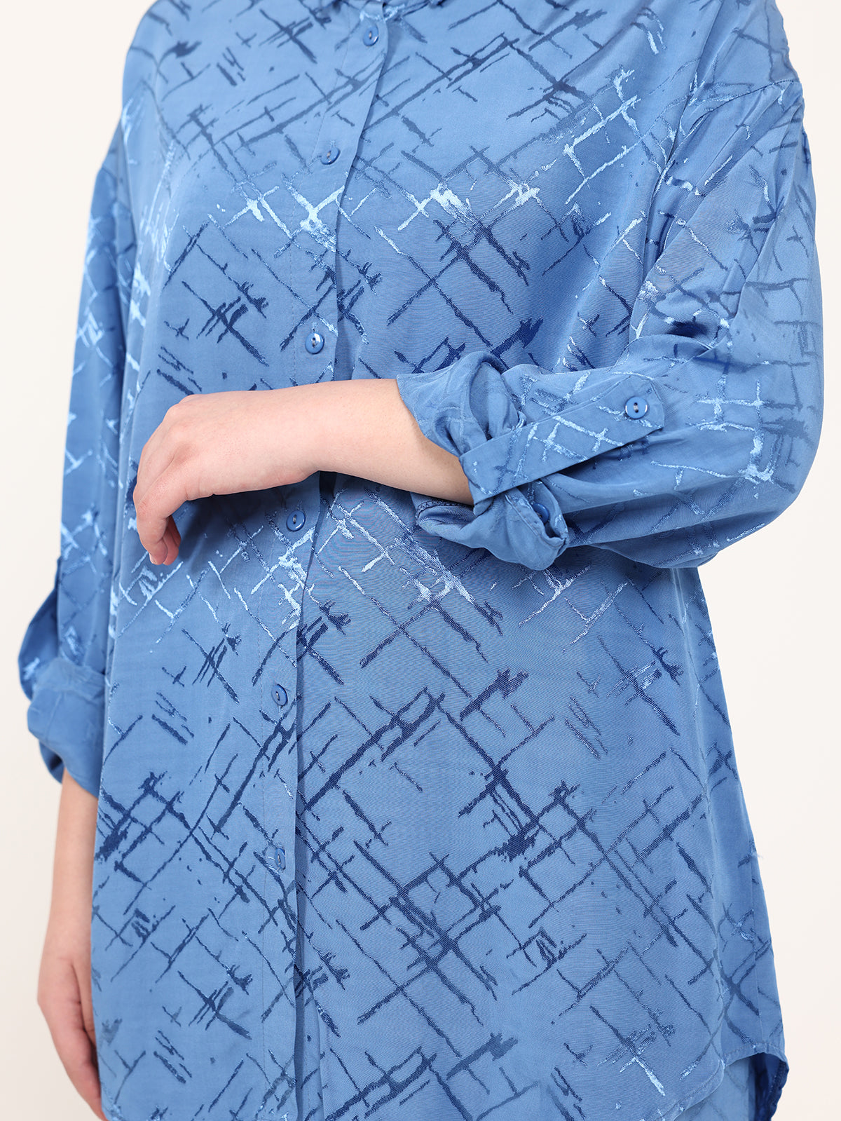 Blue High-Low Hem Jacquard Abstract Set