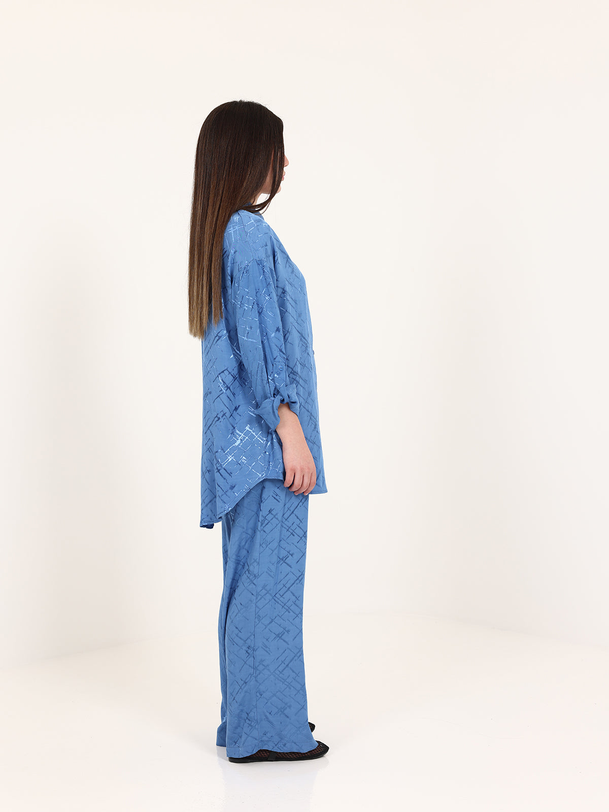 Blue High-Low Hem Jacquard Abstract Set