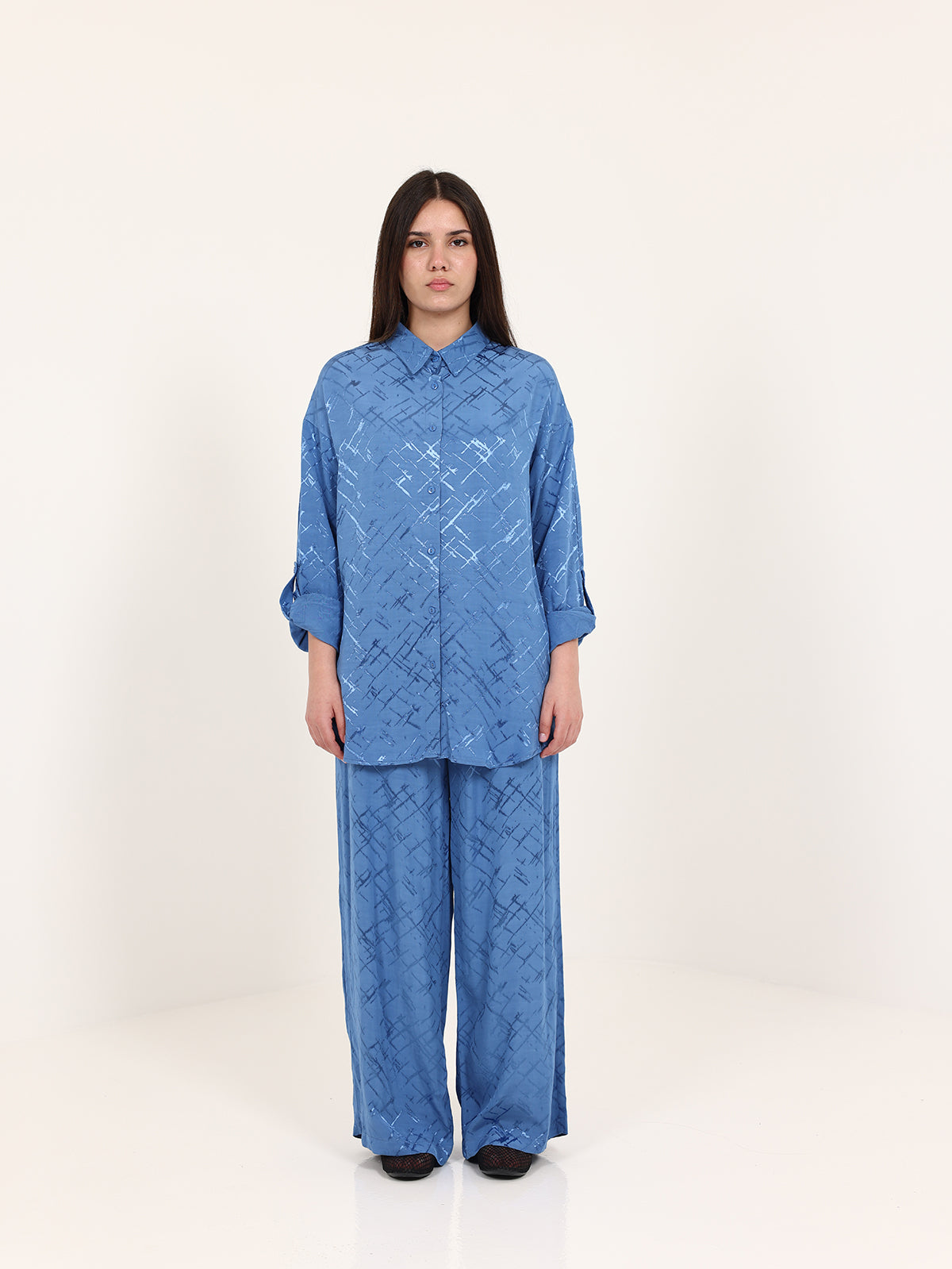 Blue High-Low Hem Jacquard Abstract Set
