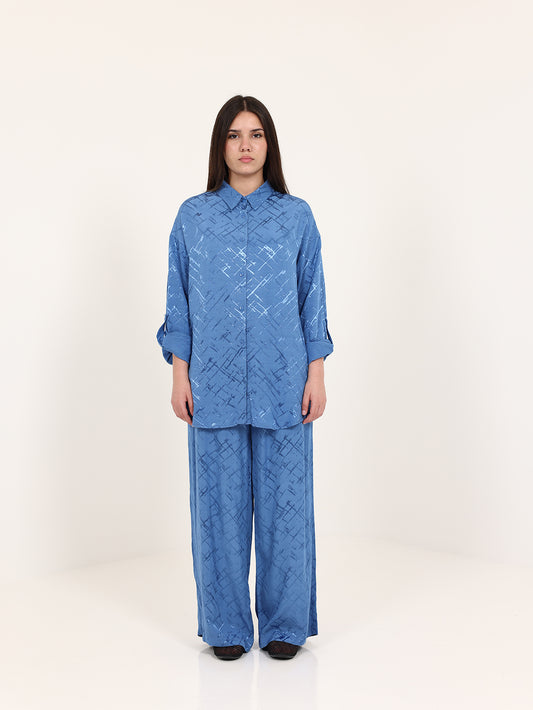 Blue High-Low Hem Jacquard Abstract Set