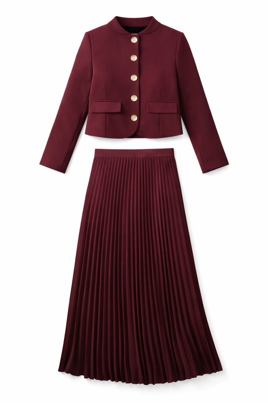Burgundy Cropped Blazer With Pleated Skirt Set