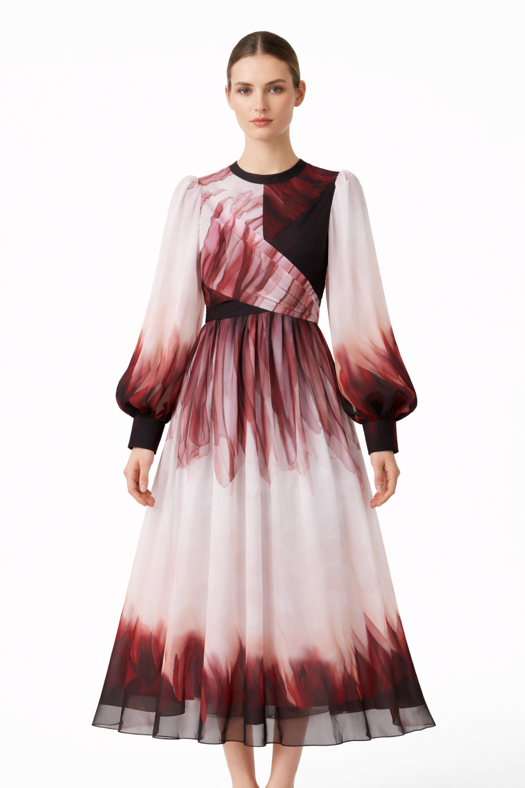 Bordeaux Printed Chiffon Dress