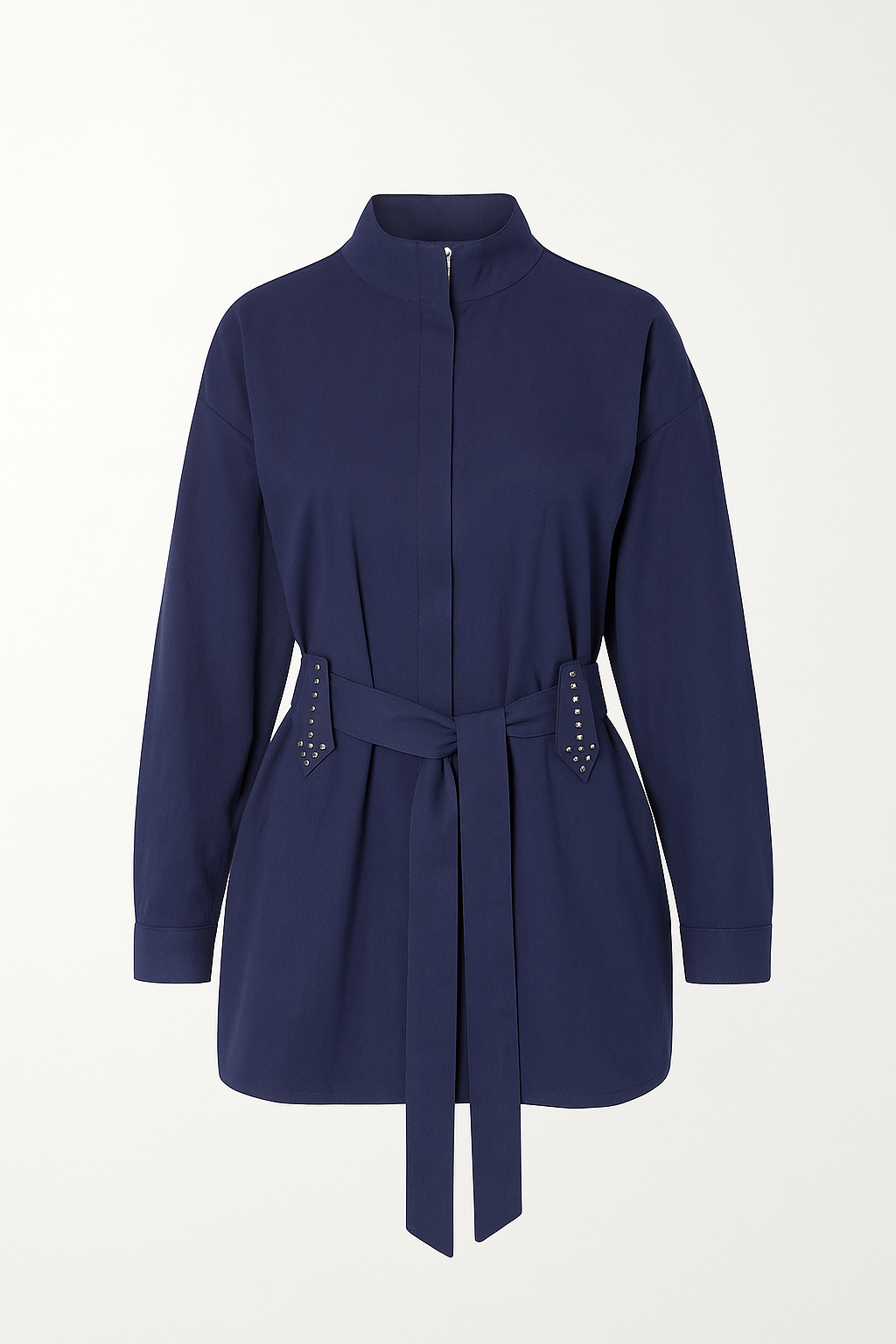 Navy Blue Belted Shirt With Zipper