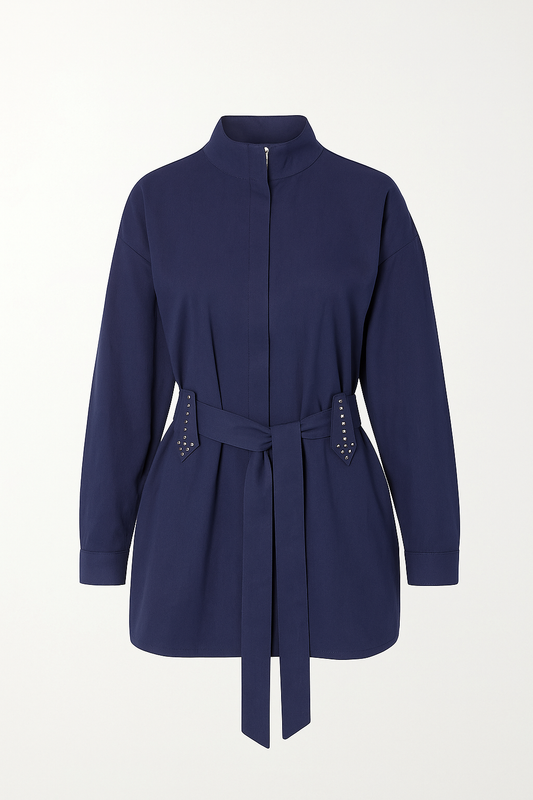 Navy Blue Belted Shirt With Zipper