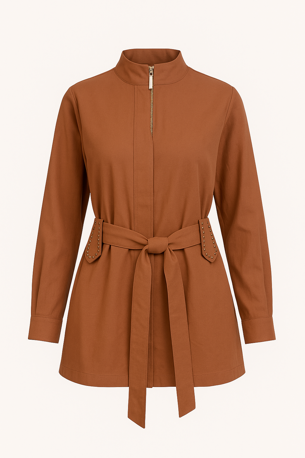 Rust Brown Belted Shirt With Zipper