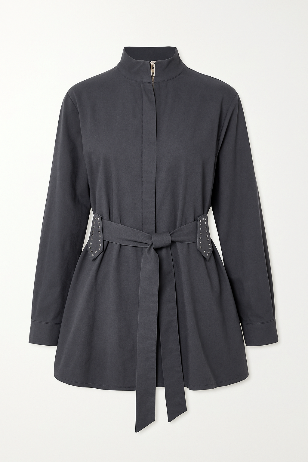 Dark Bluish-Gray Shade Belted Shirt With Zipper