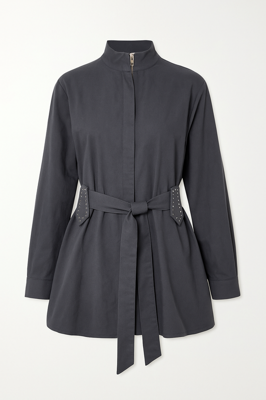 Dark Bluish-Gray Shade Belted Shirt With Zipper