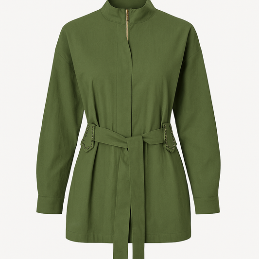 Olive Green Belted Shirt With Zipper