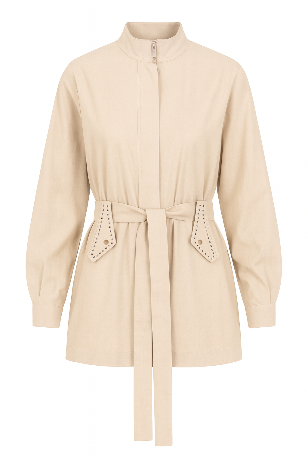 Beige Belted Shirt With Zipper