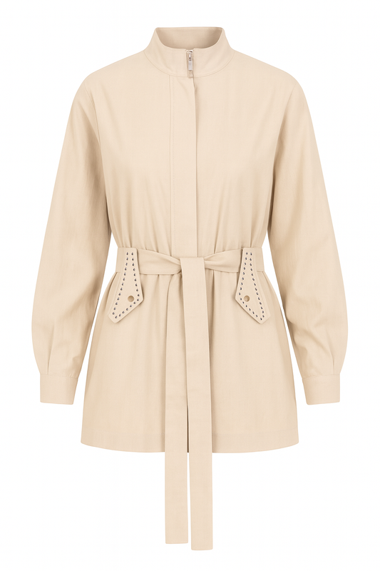Beige Belted Shirt With Zipper