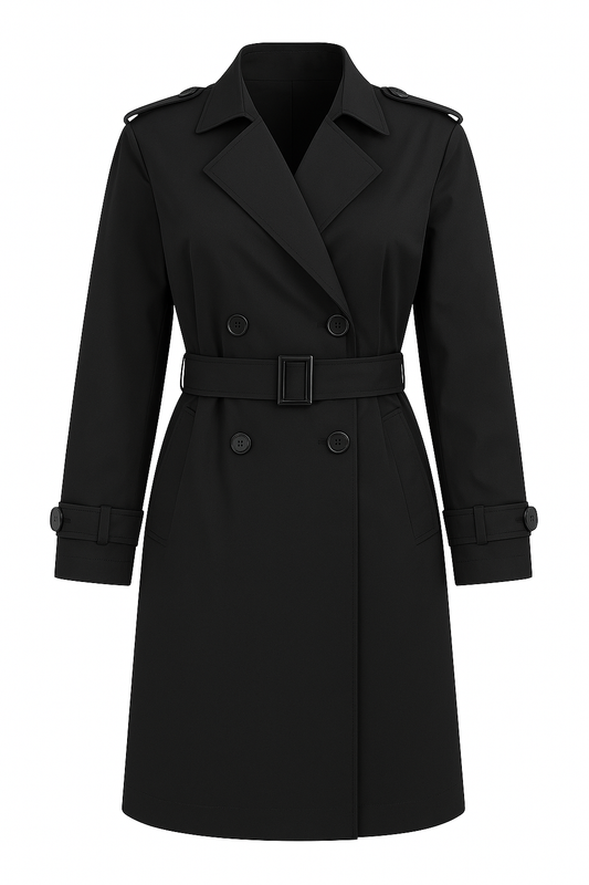 Black Long Double Breasted Trench Coat With Belt