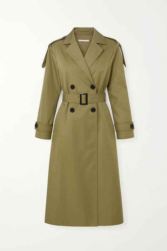 Olive Green Long Double Breasted Trench Coat With Belt
