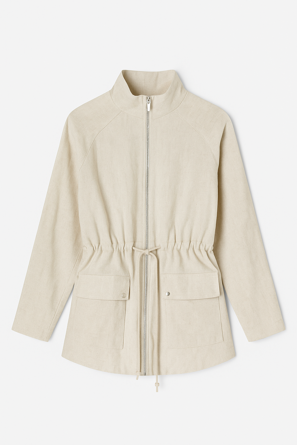 Linen Beige Zip-Up Jacket With Flap Pockets