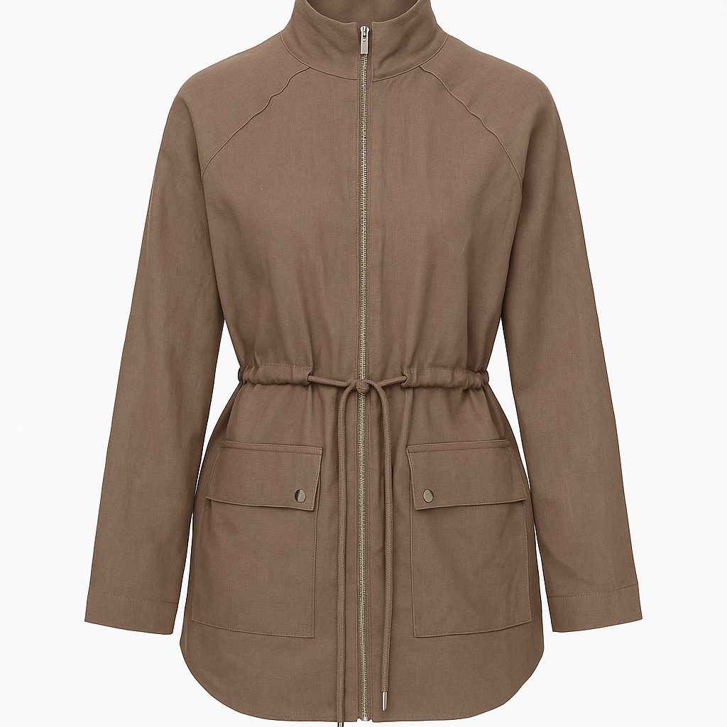 Linen Brown Zip-Up Jacket With Flap Pockets