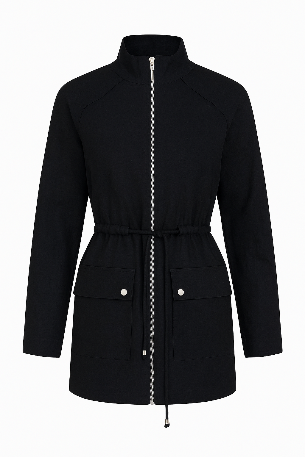 Linen Black Zip-Up Jacket With Flap Pockets