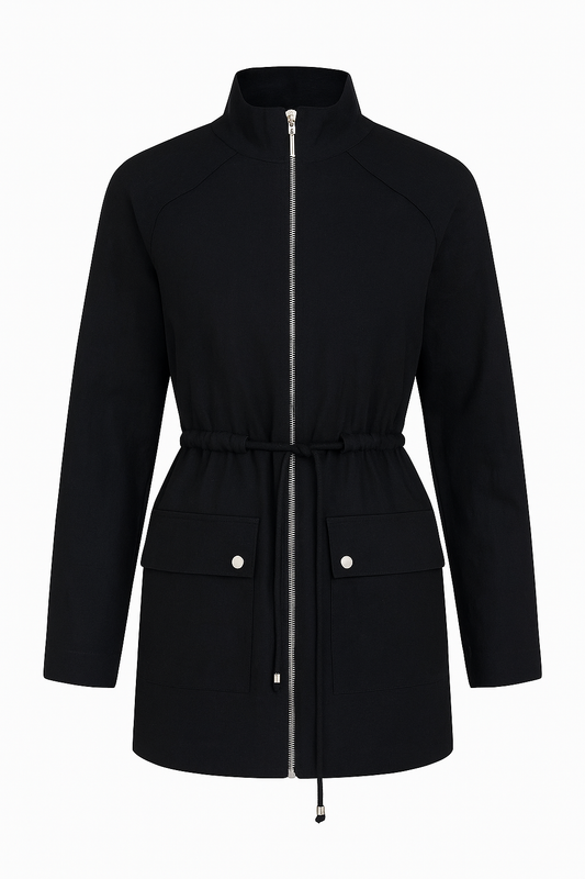 Linen Black Zip-Up Jacket With Flap Pockets