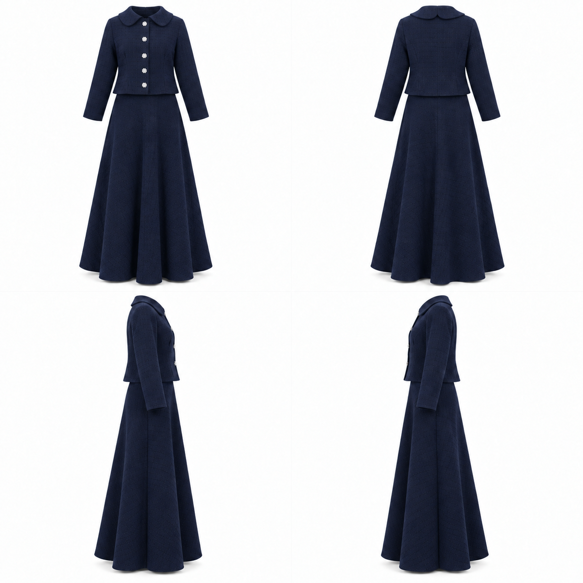Navy Blue Tweed Chic Collared Jacket With Floral Buttons Skirt Set