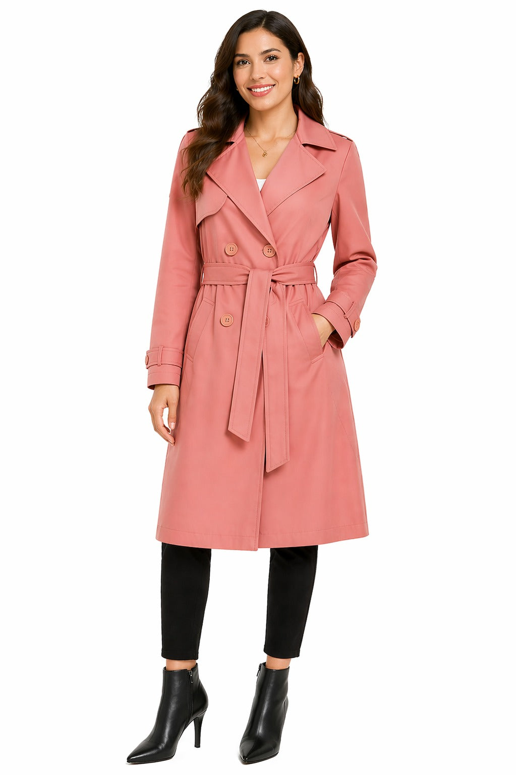 Light Peach Double Breasted Trench Coat With Belt