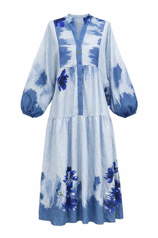 Blue Floral Linen Dress