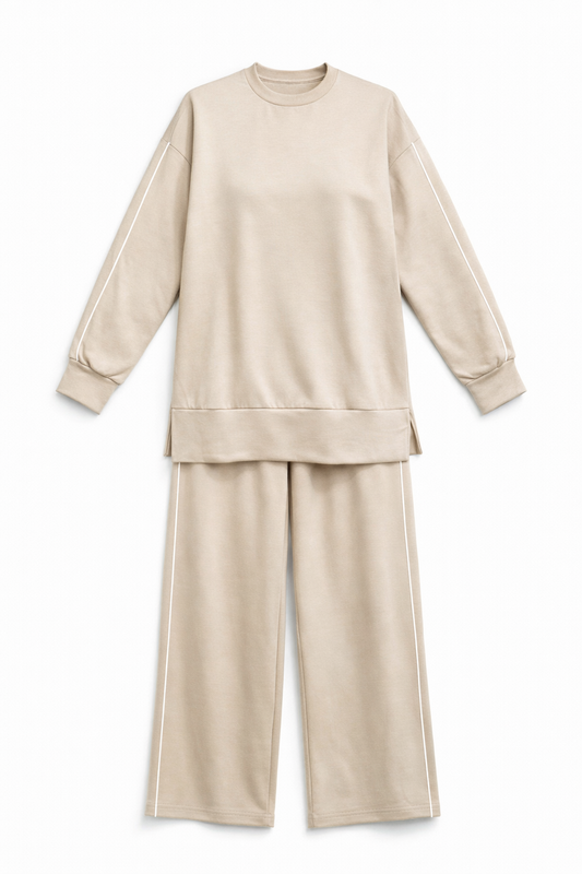 Beige Basic Cotton Set with White Line In Top & Pant
