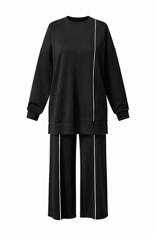 Black Basic Cotton Set with White Line In top & pant