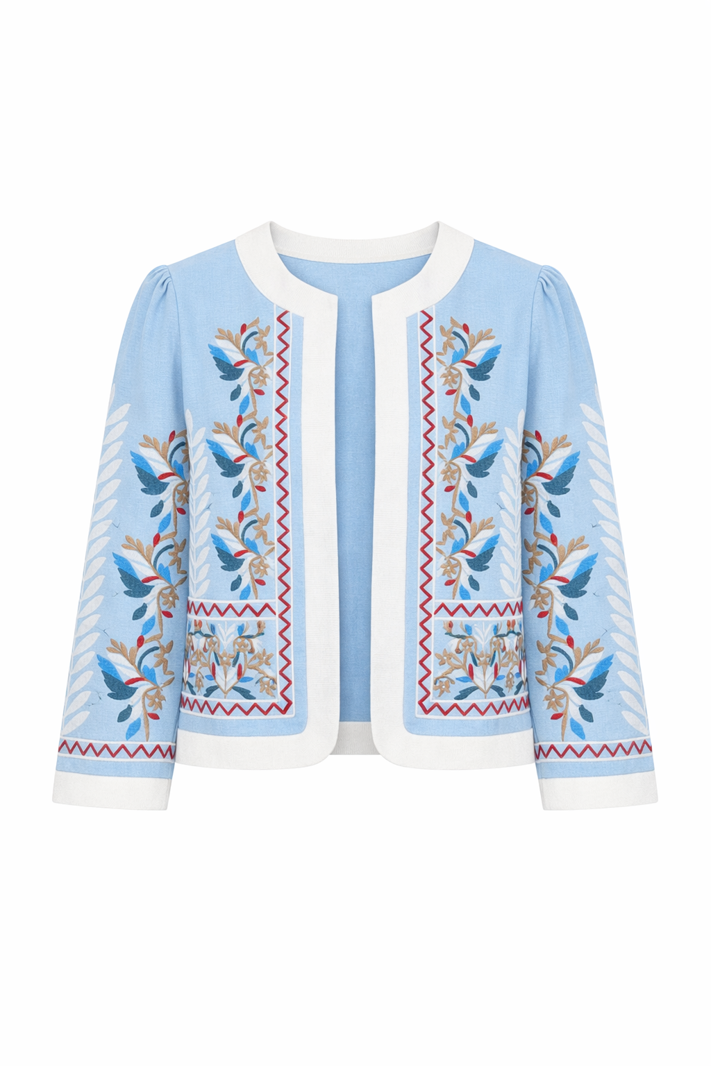 Baby Blue Linen Floral Embroidery Blazer