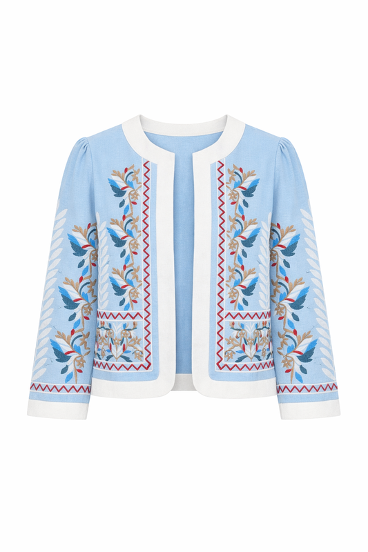 Baby Blue Linen Floral Embroidery Blazer